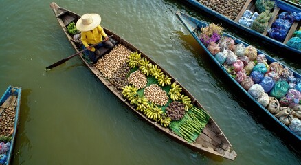 Obraz premium Busy floating market with vendor in boat selling produce