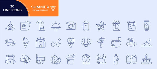 Obraz premium Summer travel vacation elements - minimal thin line editable icon set. Beach holiday outline icons collection. Simple vector illustration.