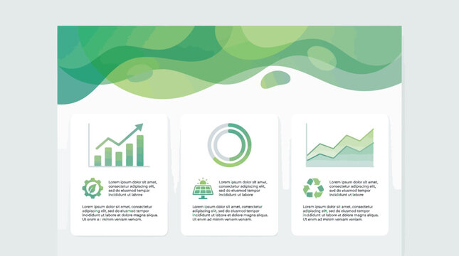 Green-themed infographic layout with data visualization charts and placeholder text, representing growth and statistics.