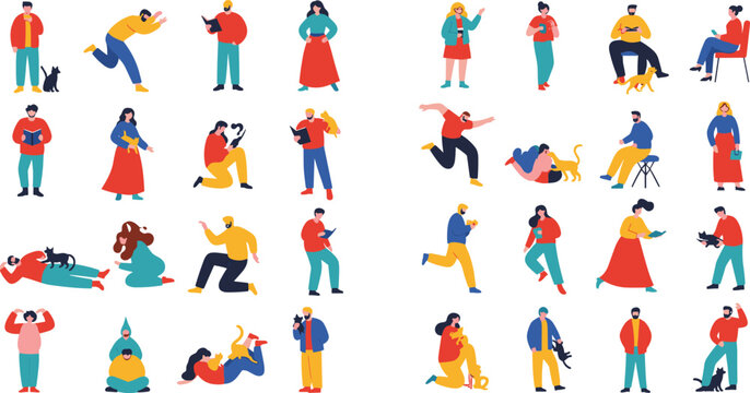 Set of 32 Illustrations of People Engaged in Different Activities Including Reading, Exercise, Photography, and Relaxation, Perfect for Lifestyle and Wellness Designs