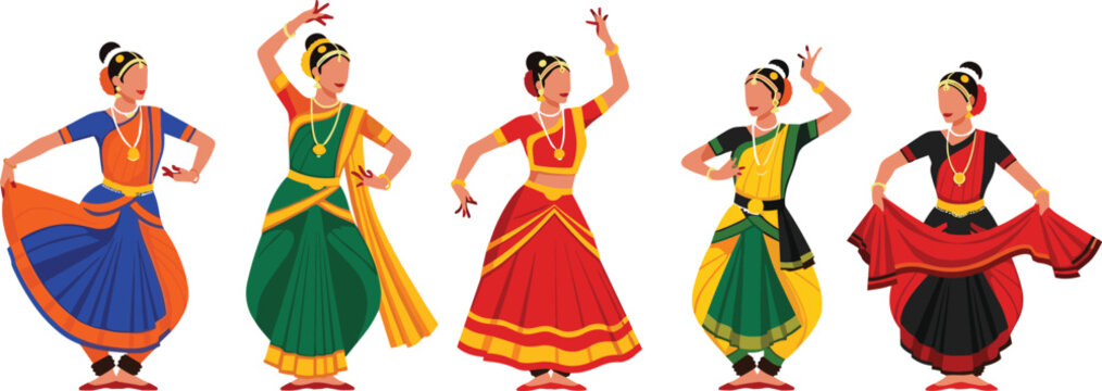 Set of 5 Indian Classical Dancer Illustrations in Traditional Attire with Vibrant Costumes, Ideal for Cultural and Dance Designs
