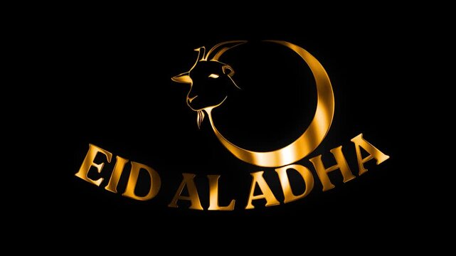 Eid al adha text design with crescent moon goat golden flow shine animation video