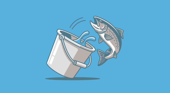 Fish jumping out of bucket, concept of escape or freedom, dynamic action illustration