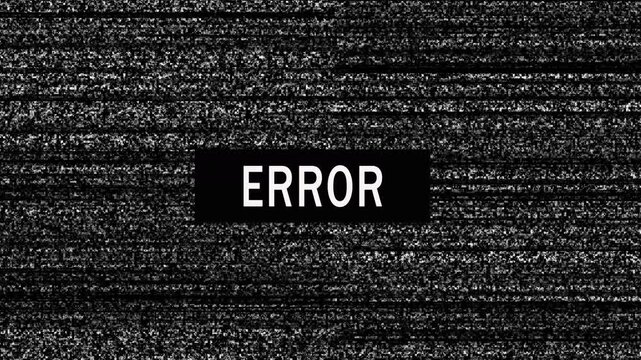Error text display on black background with digital glitch effects and static interference visuals for broadcasting and media production error screen simulation footage