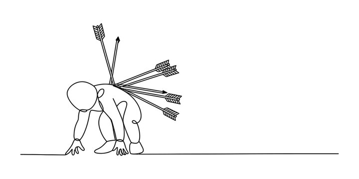Person hunched over with multiple arrows in their back, symbolizing pain and struggle, simple line art