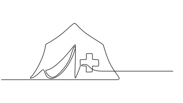 medical camp continuous one line drawing animation, Self drawing line animation tourist tent continuous one single line drawn concept video, Full length animation, World, family adventure camping