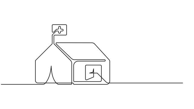 medical camp continuous one line drawing animation, Self drawing line animation tourist tent continuous one single line drawn concept video, Full length animation, World, family adventure camping