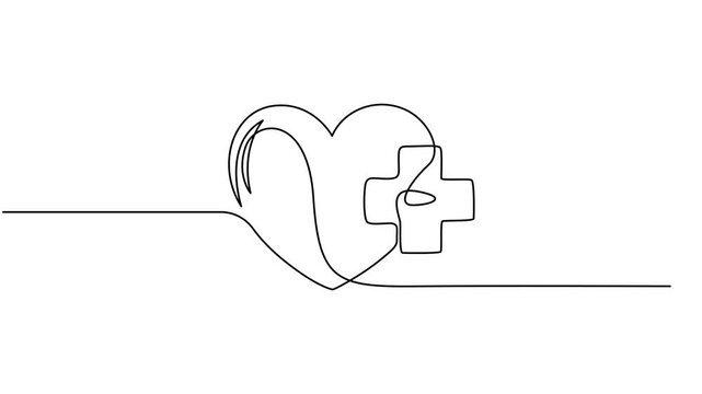 Shield with medical cross icon continuous one line drawing on white background minimalist security and protection symbol 4k animation video, Isolated medical cross outline vector in continuous one