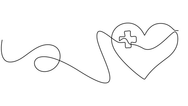 Shield with medical cross icon continuous one line drawing on white background minimalist security and protection symbol 4k animation video, Isolated medical cross outline vector in continuous one