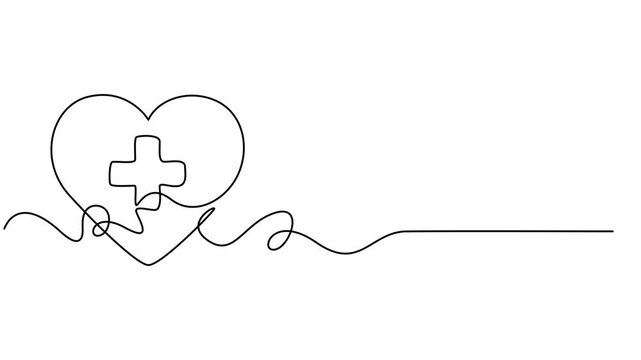 Shield with medical cross icon continuous one line drawing on white background minimalist security and protection symbol 4k animation video, Isolated medical cross outline vector in continuous one