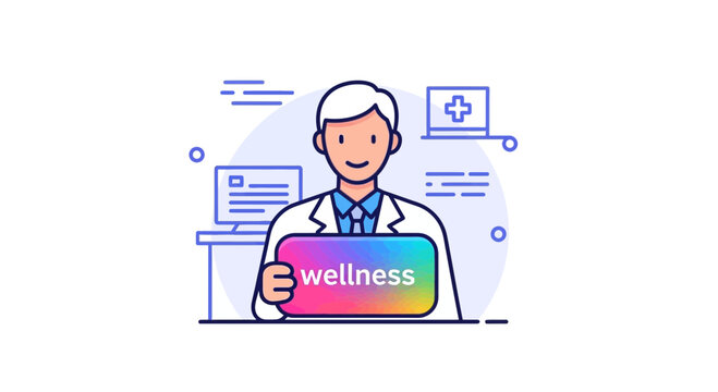 Doctor holding a colorful sign with the word "wellness" in a modern medical office setting