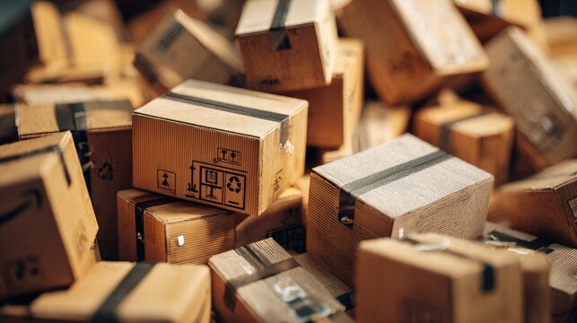 A large pile of cardboard shipping boxes stacked together