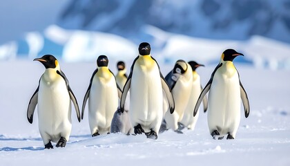 Fototapeta premium A group of penguins walking on snow