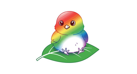 Fototapeta premium Cute Rainbow Bird Sitting on Green Leaf, Adorable Cartoon Style, Vibrant Colors