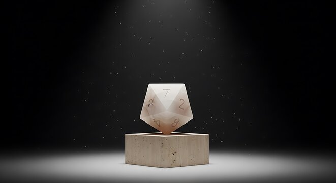 A 12 sided dice rests delicately on a minimalist concrete pedestal under a dramatic spotlight in this high-quality artistic tabletop gaming photograph.