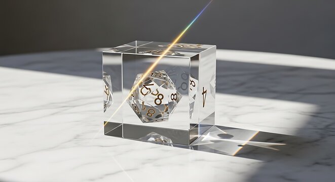A beautiful 12 sided dice embedded within a transparent glass cube resting on a white marble table with a rainbow light refraction effect from sunlight.
