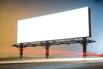 Obraz premium Blank billboard on a highway at night with light trails