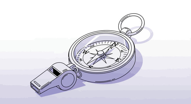 Compass and whistle on a white background, survival gear, navigation tool, outdoor adventure
