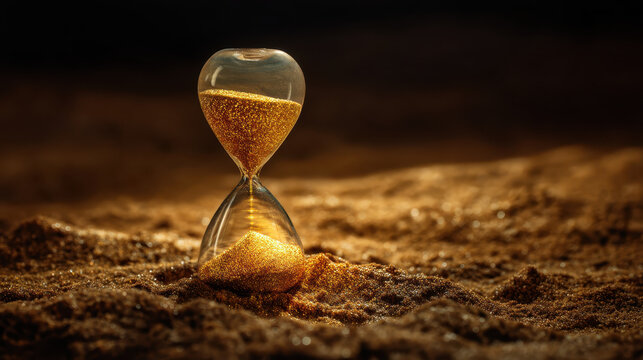 Golden sand hourglass time countdown deadline urgency hope future concept sand dune hourglass with golden sand desert ground symbolizing time countdown urgency and fragile hope for future decision