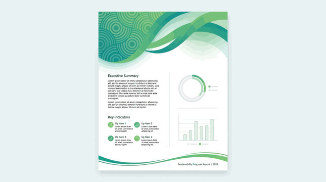 Green and white business report template with abstract wave patterns, infographics, and charts for data presentation.