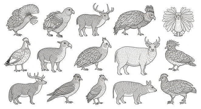 Collection of Diverse Animal Illustrations in Sketch Style.