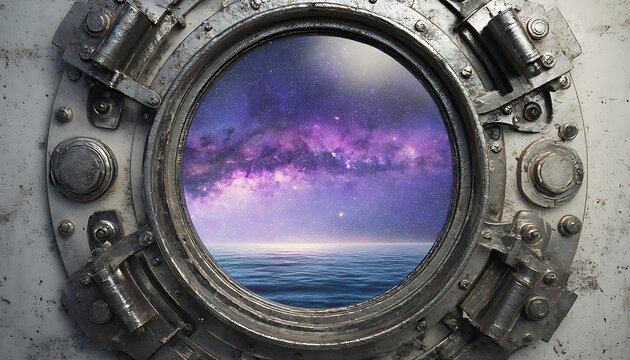Close-animated movie view through a heavy-duty circular porthole revealing a purple cloudy sky over a calm ocean horizon
