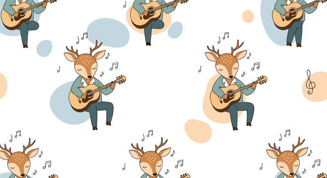 Seamless pattern featuring cute deer characters sitting and playing acoustic guitars with musical notes around.