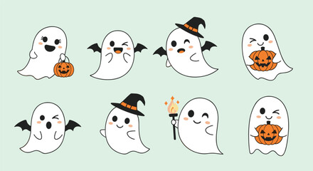 Obraz premium Set of cute cartoon ghosts in various poses are shown with pumpkins, bats, witch hats, and torches for a festive Halloween theme.