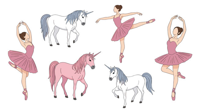 Collection of graceful ballerinas in pink tutus and magical unicorns with colorful manes are arranged in a whimsical set.