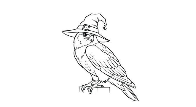 Detailed black and white line art illustration of an owl wearing a buckled witch hat perched on a simple wooden block.