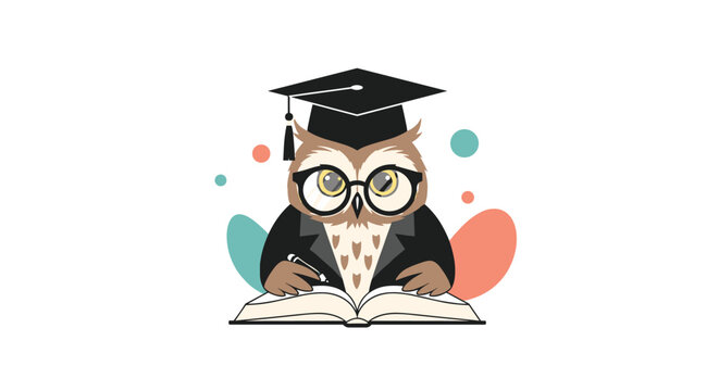 Wise owl wearing a black graduation cap and glasses sitting at a desk and writing in a book on white background.
