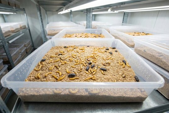 Edible mealworms in a clean plastic breeding tray with bran substrate