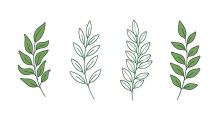 Obraz premium Set of four different green leafy branches and botanical sprigs in various artistic styles for nature design projects.