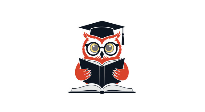 Wise red owl wearing graduation cap and glasses reading large book for educational concept and academic success symbols.