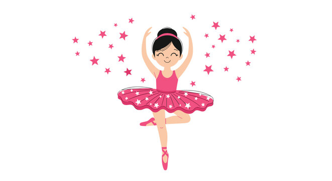 Graceful little ballerina girl in pink tutu dancing with magical sparkling pink stars around her in cute cartoon style.