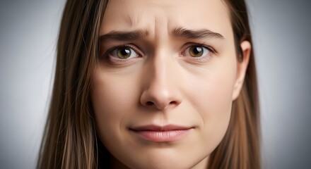 Fototapeta premium Woman displays a facial expression of confusion and deep uncertainty.