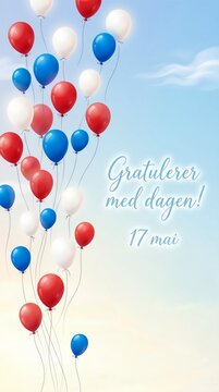 Gratulerer med dagen 17 mai Norwegian text, red white blue balloons for Norway national day celebration