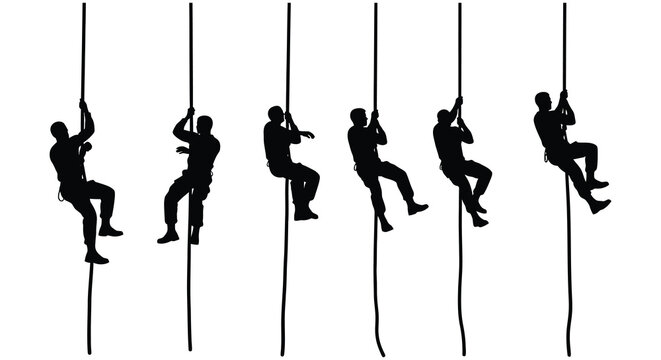 Series of climbers rappelling down ropes in a dynamic sequence black silhouette high quality professional detailed modern elegant stylish
