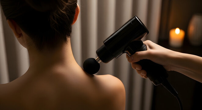 Woman receiving shoulder massage with black percussion massage gun in spa