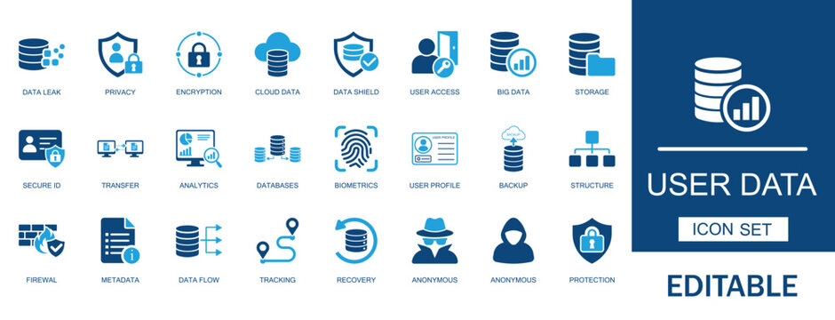 User data and privacy security icons. Includes data encryption, cloud storage protection, biometric authentication, firewall, and metadata analytics. Solid vector assets.