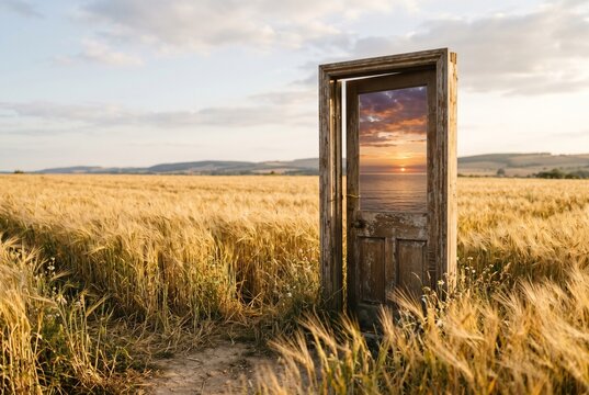 Wooden doorway in wheat field opening to ocean horizon at sunset