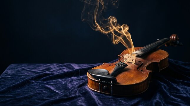 Polished violin emitting golden smoke notes on dark velvet surface