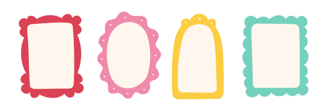 Frame border hand drawn cute set. Cute doodle frame border square, rectangle line photo picture shapes. Cartoon children kids bow scallop lace stamp retro vintage card. Vector illustration