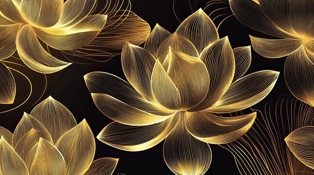 Elegant golden floral texture pattern on deep black background, luxury ornamental design for wallpaper and decor, rich contrast and artistic detail
