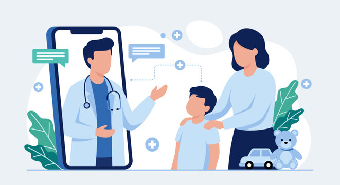 Doctor speaks with parent via smartphone. Child sits beside mother, looking attentive. Both appear calm, engaged in consultation. Soft colors and gentle lines convey trust