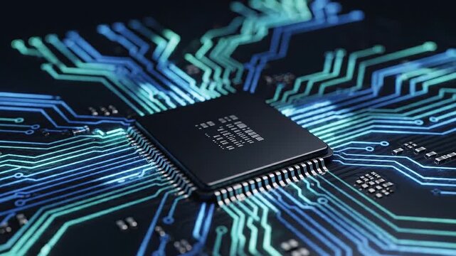 Closeup of a central processing unit chip with glowing digital circuit lines