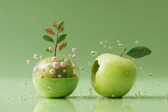 Two Green Apples with Plant Growth and Water Droplets.