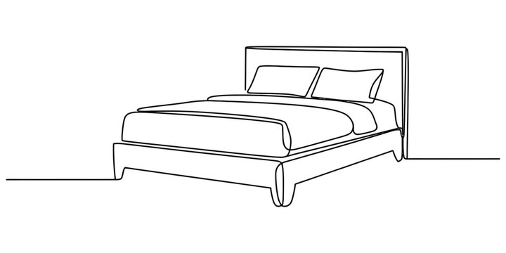 Continuous single line drawing of a comfortable double bed with pillows for bedroom interior design concept Vector, illustration