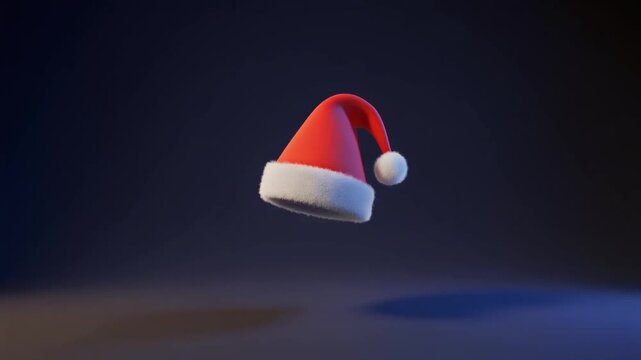 Festive Red and White Santa Hat Floating in a Dark Blue Background with Subtle Lighting