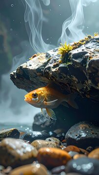A golden fish peeks from behind a mossy rock in a serene underwater